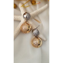 Zirkon Çift Top Metal Gold Küpe