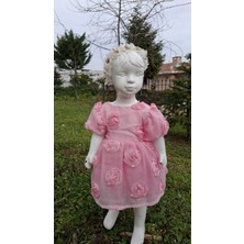 Kız Çocuk Bayram Doğum Günü Özel Gün Kısa Kollu Fiyonk Detaylı Güllü Elbise