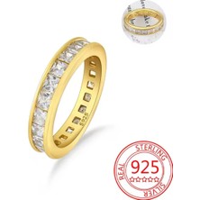 Gold Renk Zirkon Detaylı Tam Tur Kanallı 925 Ayar Yüzük