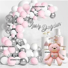 Retro Pembe Ayılı Gümüşlü Pembeli Lüks Zincir Balon Set