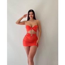 Turuncu Sandy Kumaş Straplez Toka Detaylı Elb