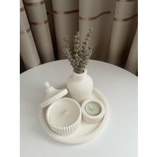 Idl-Çizgili Vazo Tabaklı Mumluk Set-Beyaz Beton-Dekoratif Set(Mum Dahil Değildir)