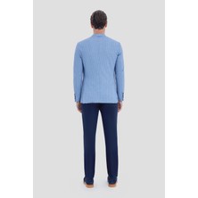 Sabri Özel Erkek Mavi Çizgili Mono Yaka Slim Fit Ceket