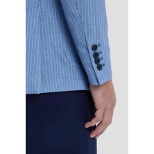 Sabri Özel Erkek Mavi Çizgili Mono Yaka Slim Fit Ceket