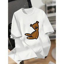 Sosostyle Baskılı Oversize Bisiklet Yaka T-Shirt - Beyaz