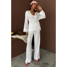 Aisha Elbise Kruvaze Model Klasik Pantolonlu Çupra Keten Takım 10191