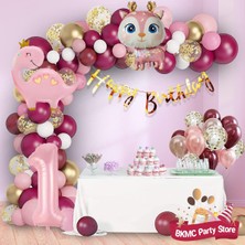 Pembe Yaş Dinazorlu Geyik Folyolu Kız Çocukları Için Doğum Günü Parti Seti Süsü Konsepti