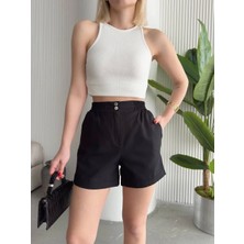 Siyah Çıtçıtlı Yüksek Bel Cepli Mini Gabardin Şort