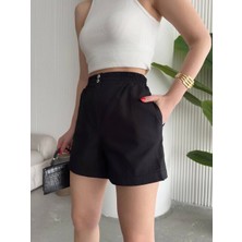 Siyah Çıtçıtlı Yüksek Bel Cepli Mini Gabardin Şort