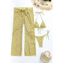 Sarı Desenli Üçlü Bikini Takımı
