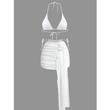 Beyaz Örgü Üçgen Bikini Takımı ve Drapeli Pareo