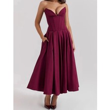 Korse Formlu Kalp Yaka Bordo Midi Elbise