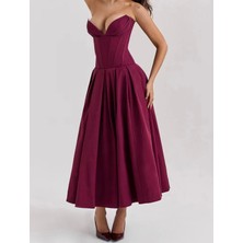 Korse Formlu Kalp Yaka Bordo Midi Elbise