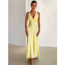 Saten Kruvaze Yaka Sarı Elbise