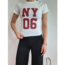 Nw York Baskılı Crop T-Shirt