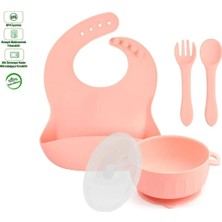 Gülümse Bebek Silikon Beslenme Seti Silikon Vakumlu Kapaklı Mama Kasesi , Silikon Önlük, Çatal ve Kaşık