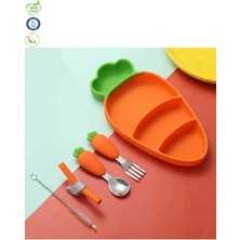 Silikon Vakumlu Mama Tabağı, Silikon Saplı Metal Uçlu Çatal ve Kaşık ( Havuç Figürlü )