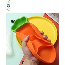 Silikon Vakumlu Mama Tabağı, Silikon Saplı Metal Uçlu Çatal ve Kaşık ( Havuç Figürlü )