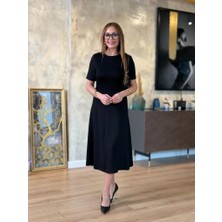 AKN Butik Kadın Kısa Kollu Bisiklet Yaka Midi Viskon Iki Iplik Elbise