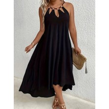 AKN Butik Kadın Boyundan Askılı Damla Detaylı Halkalı Asimetrik Kesim Viskon Elbise