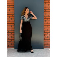 Alinn Butikk Kadın Kısa Kollu Derin V Yakalı A Kesim Pulpayet Detaylı Şifon Nedime Elbisesi