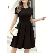 Ag Shoppings Kadın Kısa Kollu Bisiklet Yaka Önden Pile Detaylı Janjan Krep Elbise