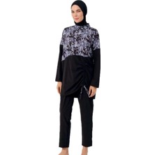  3021 Kadın Desenli Tam Tesettür Maye Sıyah Gümüş Spurcu Likralı