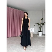 Alinn Butikk Kadın Krinkil Kumaş Beli Gipeli Halter Yaka Maxi Boy Elbise