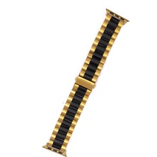 Quse  Paslanmaz Çelik Üç Bakla Metal Kordon, Apple Watch Series SE/11/10/9/8/7/6/5/4/3 ile Uyumlu, 46MM/45MM/44MM, Gold&siyah