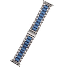 Quse  Paslanmaz Çelik Üç Bakla Metal Kordon, Apple Watch Series SE/11/10/9/8/7/6/5/4/3 ile Uyumlu, 46MM/45MM/44MM, Gümüş&mavi