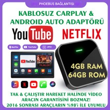 Phoebus Carplay & Android Auto Kablosuz Adaptör 4gb RAM+64GB Rom Youtube Netflix Video Oynatma Kutusu Ai Box