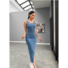 Mira Cotton Mavi Likralı Kot Jile Elbise