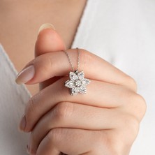 Vaoov 925 Ayar Gümüş Baget Taşlı Dönen Lotus Çiçeği Kolye