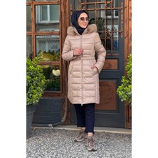 Kayra Suni Kürklü Kapüşonlu Anorak Mont KA-A24-27303 Bej