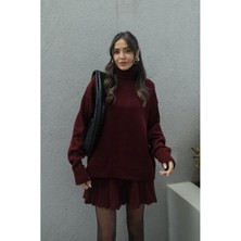 Kadın Pileli Mini Etek Balıkçı Yaka Kazak Alt Üst Triko Takım