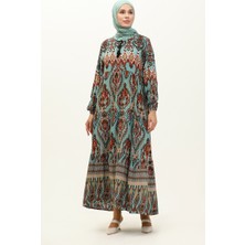 Sefa Merve Viskon Desenli Elbise 4085-02 Mint Mavi