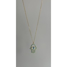 Zirkon Taşlı Mavi Detaylı Çelik Gold Hamsa El Kolye 45CM