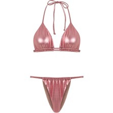 Aquella Çift Kanal Büzgülü Pembe Parlak Üçgen Bikini Takım