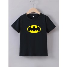 Maki Homekaliteli Penye Kız Erkek Çocuk Baskılı Beyaz Gri Siyah Tshirt 5 6 7 8 9 10 11 12 13 14 Yaş Batman