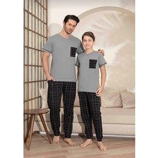 Baba Oğul Kombin Kısa Kollu Ekoseli Uzun Alt Penye Kumaş Orta Kalın V Yaka Pijama TAKIMI-3995