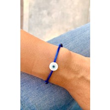 Beyaz Nazar Boncuklu Mavi Ip Bileklik