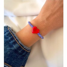 Kırmızı Cam Murano Kalp Mavi Beyaz Çizgili Bileklik