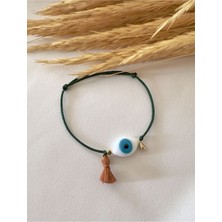 Beyaz Cam Göz Nazar Boncuğu Kahverengi Püskül Yeşil Bileklik