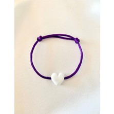 Beyaz Kalp Murano Cam Boncuklu Mor Ip Bileklik