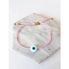 Beyaz Cam Nazar Boncuklu Toz Pembe Ip Bileklik