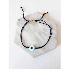 Beyaz Cam Nazar Boncuklu Siyah Ip Bileklik