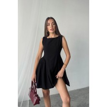 Supplierby Siyah Mini Boy Büzgülü Keten Elbise