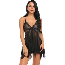 Siyah Tül Dantel Babydoll Gecelik Ön Detaylı Özel Tasarım