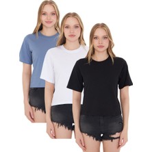 Kadın Yuvarlak Yaka Regular Fit Normal Kesim T-Shirt Tişört 3'lü Set