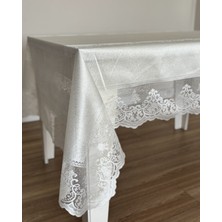 Dertsiz Dantelli Tül Leke Tutmaz Masa Örtüsü 160 x 220  cm ,8 Kişilik,ekru,gri